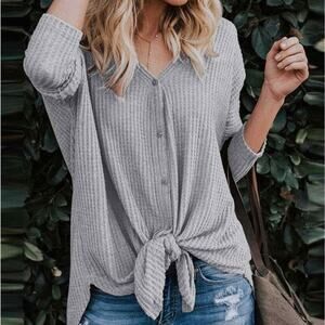 WALKING ON SUNSHINE Waffle Knit Long Sleeve Tie Front Blouse Sz XL